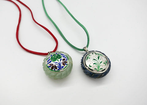 Rare, collectible, reversible carved gemstone pendants with fine enamel work (bigger) - Lai