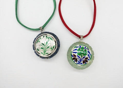 Rare, collectible, reversible carved gemstone pendants with fine enamel work (bigger) - Lai