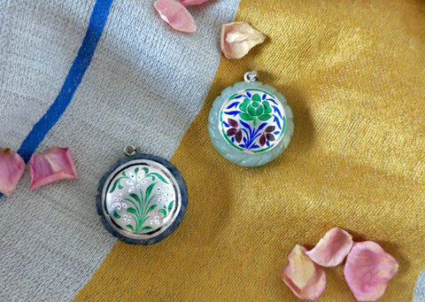 Rare, collectible, reversible carved gemstone pendants with fine enamel work (bigger)
