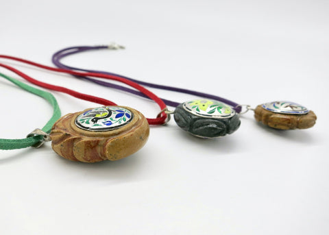 Rare, collectible, reversible carved gemstone pendants with fine enamel work (smaller) - Lai