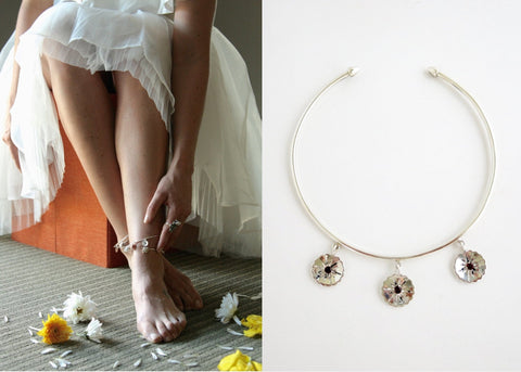 Ravishing, bangle anklet with 3 dangling floral units- can also be worn as an arm band
