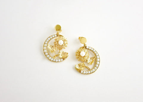 Ravishing, gold plated, seed pearl crescent and flower Victorian earrings - Lai