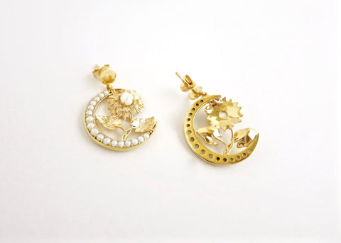 Ravishing, gold plated, seed pearl crescent and flower Victorian earrings - Lai
