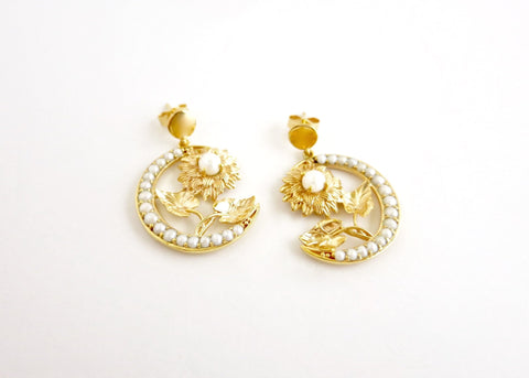 Ravishing, gold plated, seed pearl crescent and flower Victorian earrings - Lai