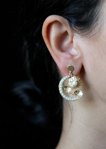 Ravishing, gold plated, seed pearl crescent and flower Victorian earrings - Lai