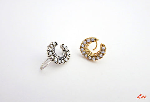 Regal, gold-plated, seed pearls studded, crescent nose pin - Lai