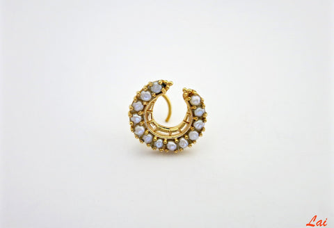 Regal, gold-plated, seed pearls studded, crescent nose pin