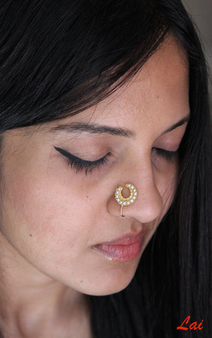 Regal, gold-plated, seed pearls studded, crescent nose pin - Lai