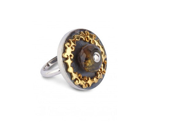 Chic two tone round ring with facetted smoky topaz bead & gold plated detailing  (PB-1466-R)  Ring Sterling silver handcrafted jewellery. 925 pure silver jewellery. Earrings, nose pins, rings, necklaces, cufflinks, pendants, jhumkas, gold plated, bidri, gemstone jewellery. Handmade in India, fair trade, artisan jewellery.