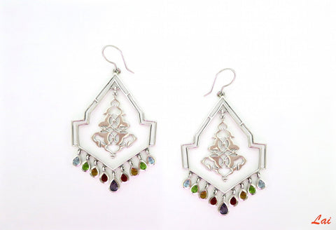 Stately, contemporary, chandelier earrings fringed with gemstone - Lai