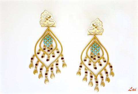 Statement, gold-plated, turquoise and garnet chandelier earrings
