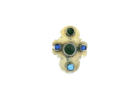 Statement, gold wash Turkmen ring with green and blue stones - Lai