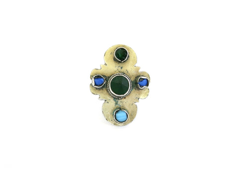 Statement, gold wash Turkmen ring with green and blue stones