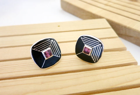 Statement, square, Bidri cufflinks with faceted stone center