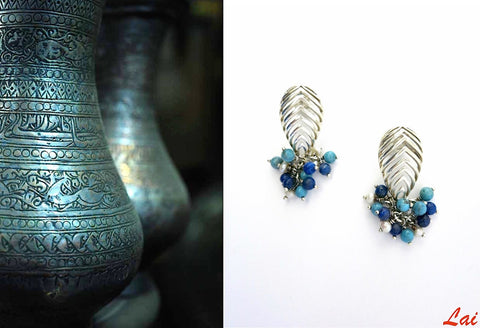 Striking, cut-work earrings with lapis, turquoise and pearls cluster - Lai