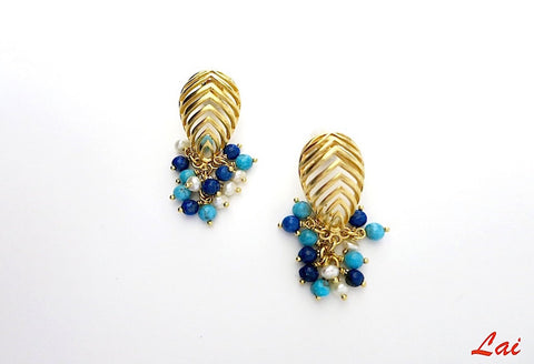 Striking, cut-work earrings with lapis, turquoise and pearls cluster - Lai