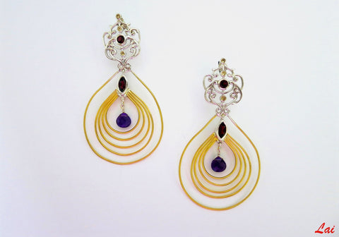 Stunning, bi-metal chandelier earrings with gemstones - Lai