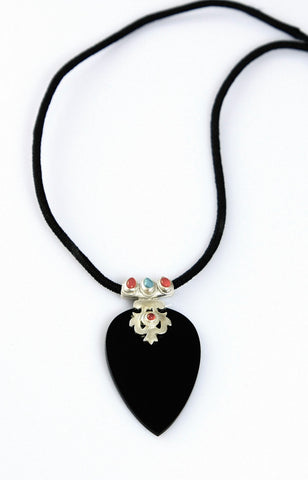 Stunning, black glass statement pendant with silver, turquoise and carnelian detailing - Lai