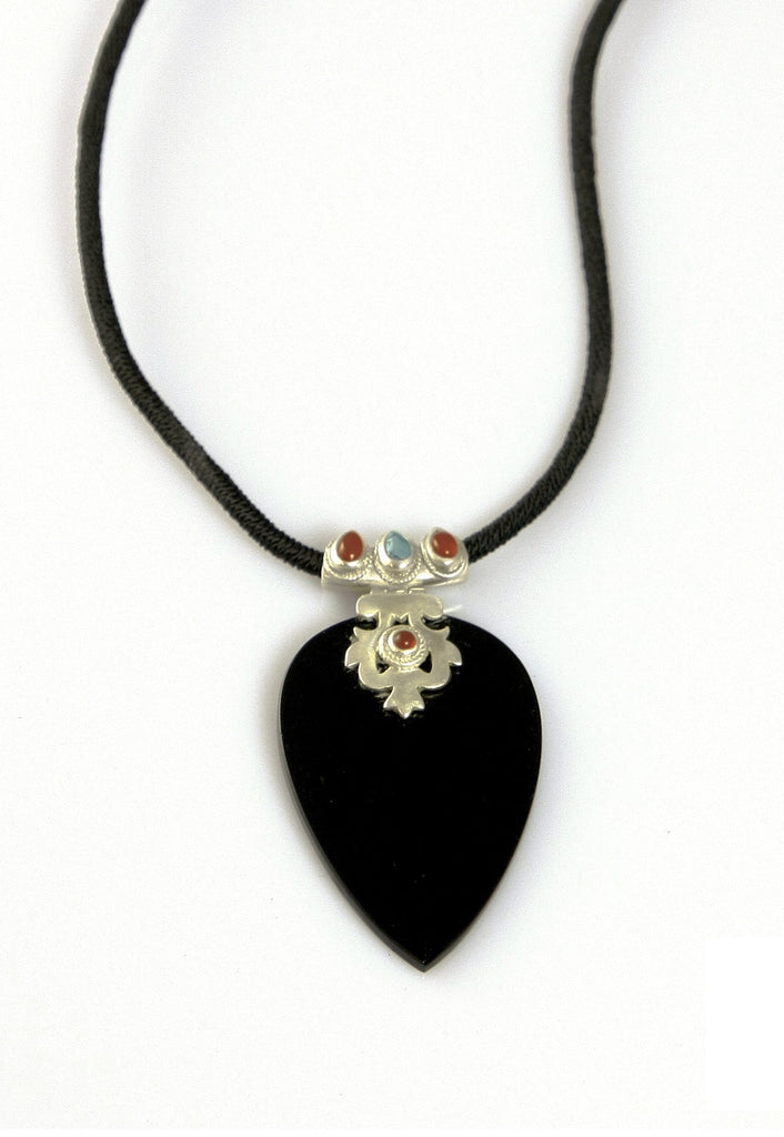 Stunning, black glass statement pendant with silver, turquoise and carnelian detailing - Lai