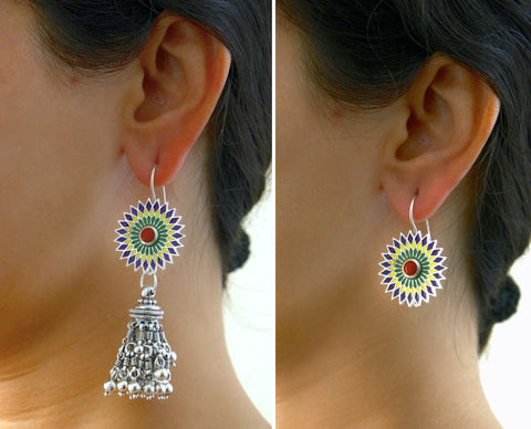 Stunning, detachable, Himachali enamel & coral chandelier earrings (jhumkas) - Lai