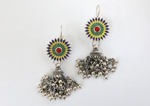 Stunning, detachable, Himachali enamel & coral chandelier earrings (jhumkas) - Lai