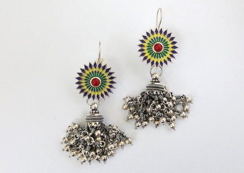 Stunning, detachable, Himachali enamel & coral chandelier earrings (jhumkas)
