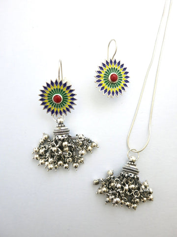 Stunning, detachable, Himachali enamel & coral chandelier earrings (jhumkas) - Lai