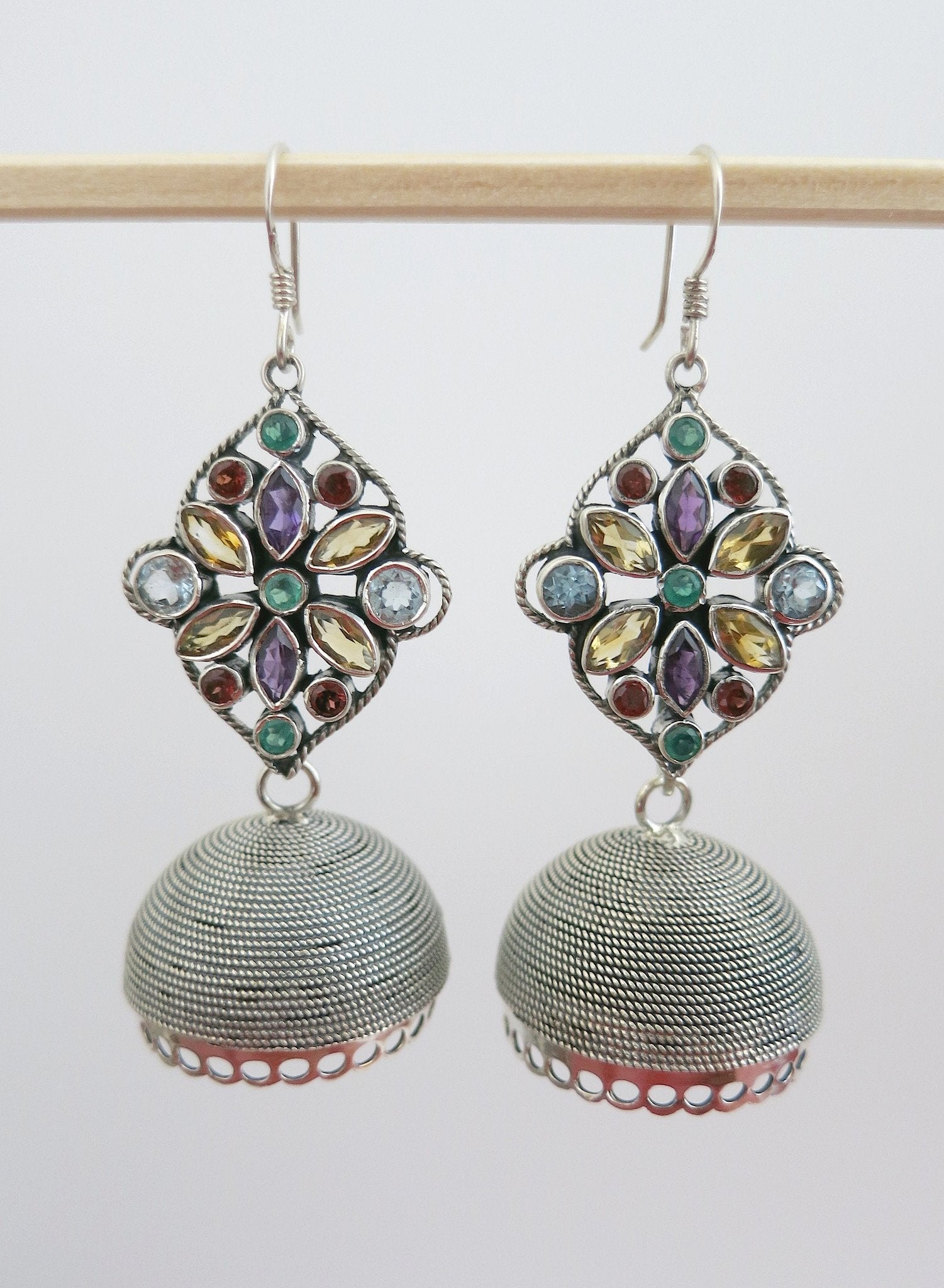 Stunning detachable wire wrapped jhumkas with beautiful multi colour gemstone tops. Lai