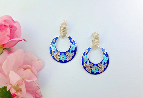 Stunning, floral pattern, crescent earrings in blue and pink Nathdwara enamel