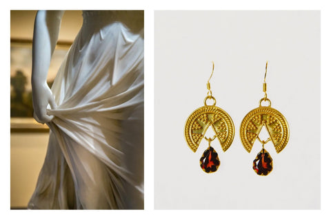 Stunning, granulation work, Grecian, gold-plated earrings with a garnet drop - Lai