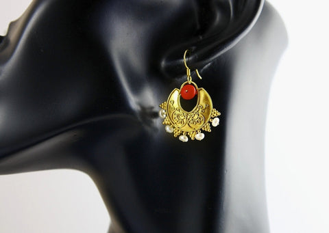 Stunning, Greek inspired, coral and pearl gold plated earrings