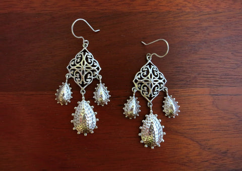 Stunning, Kutch-inspired, jali and hammer finish, long statement earrings