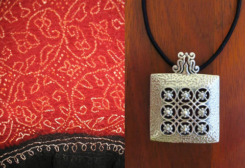 Stunning, Kutch-inspired, large hammer-finish square pendant with jali - Lai