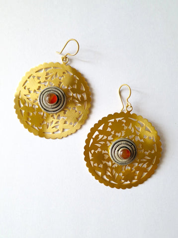 Stunning, large, round gold-plated, dual-tone, cut-work earrings with carnelian center