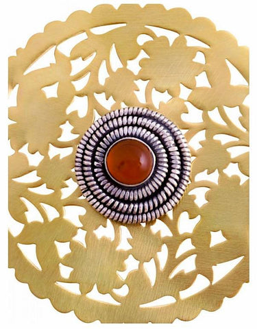Stunning, large, round gold-plated, dual-tone, cut-work earrings with carnelian center - Lai
