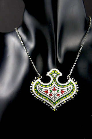 Stunning, Mughal-motif enamel necklace with seed pearls outline