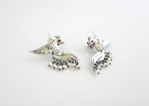 Stunning, pearl fringed, Victorian bird earrings - Lai