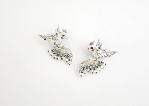 Stunning, pearl fringed, Victorian bird earrings - Lai