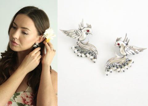 Stunning, pearl fringed, Victorian bird earrings - Lai