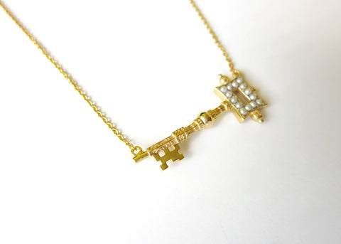 Stunning, soulful, pearl encrusted, gold-plated key pendant necklace - Lai