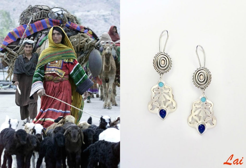 Tribal inspired, lapis and turquoise cut-work earrings - Lai