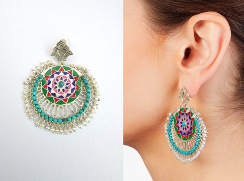 Truly magnificent, Himachali enamel, turquoise & pearls 'chandbala' earrings - Lai