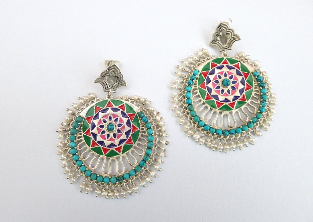 Truly magnificent, Himachali enamel, turquoise & pearls 'chandbala' earrings - Lai