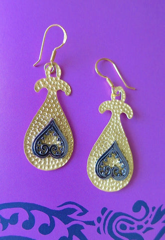 Turkish, hammer finish, gold plated earrings with mehndi inspired black rhodium plated detailing - Lai