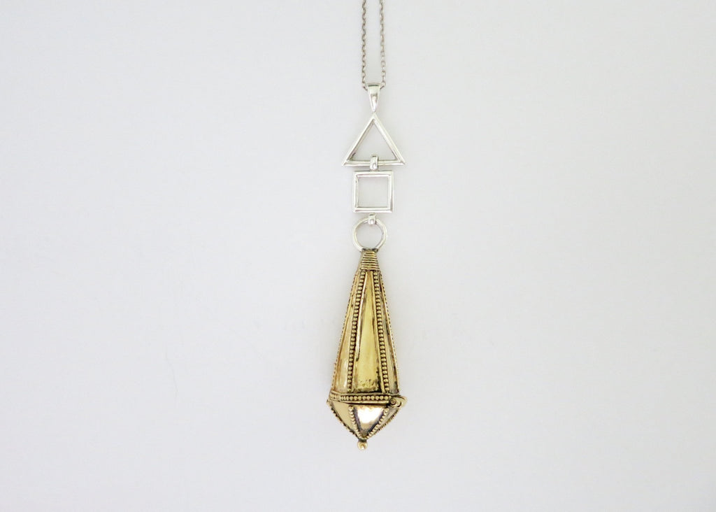 Unique, bi-metal, long amuletic pendant, in gold-plated brass and sterling silver - Lai