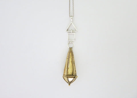 Unique, bi-metal, long amuletic pendant, in gold-plated brass and sterling silver - Lai