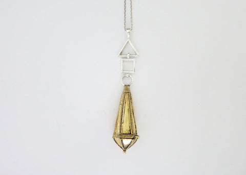 Unique, bi-metal, long amuletic pendant, in gold-plated brass and sterling silver