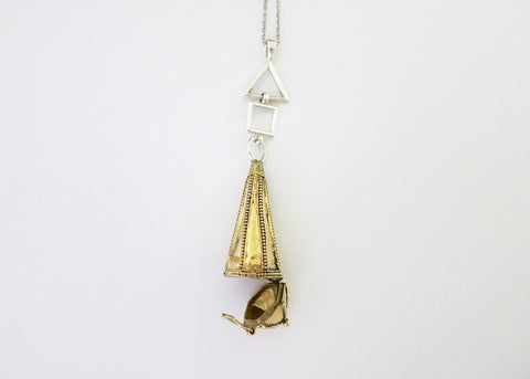 Unique, bi-metal, long amuletic pendant, in gold-plated brass and sterling silver - Lai