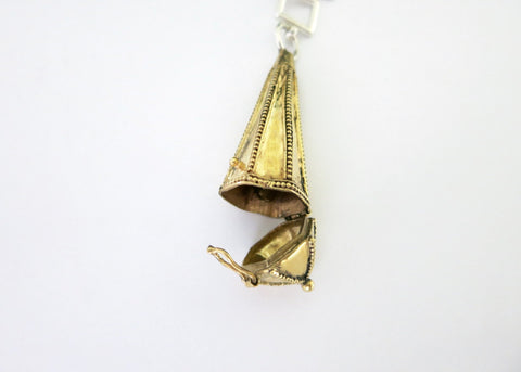 Unique, bi-metal, long amuletic pendant, in gold-plated brass and sterling silver - Lai