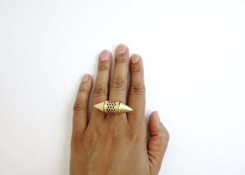 Unique, gold-plated brass tubular amuletic ring with a sterling silver shank - Lai